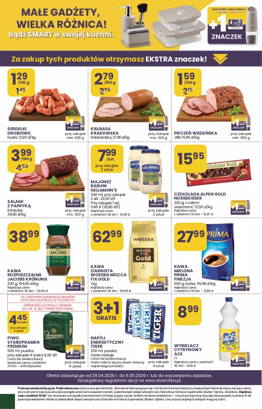 Gazetka promocyjna Stokrotka - Market - ważna 29.04 do 06.05.2026 - strona 22 - produkty: Babuni, Czekolada, Duda, Gra, Jacobs, Jacobs Krönung, Kawa, Kawa mielona, Kawa rozpuszczalna, Kawa ziarnista, Kiełbasa, Kiełbasa krakowska, Majonez, Mięso, Mocca Fix Gold, Napój, Napój energetyczny, Optima, Owoce, Piec, Piwa, Piwo, Prima, Salami, Salami z papryką, Ser, Serdelki, Tiger, Torba, Warzywa, Woseba