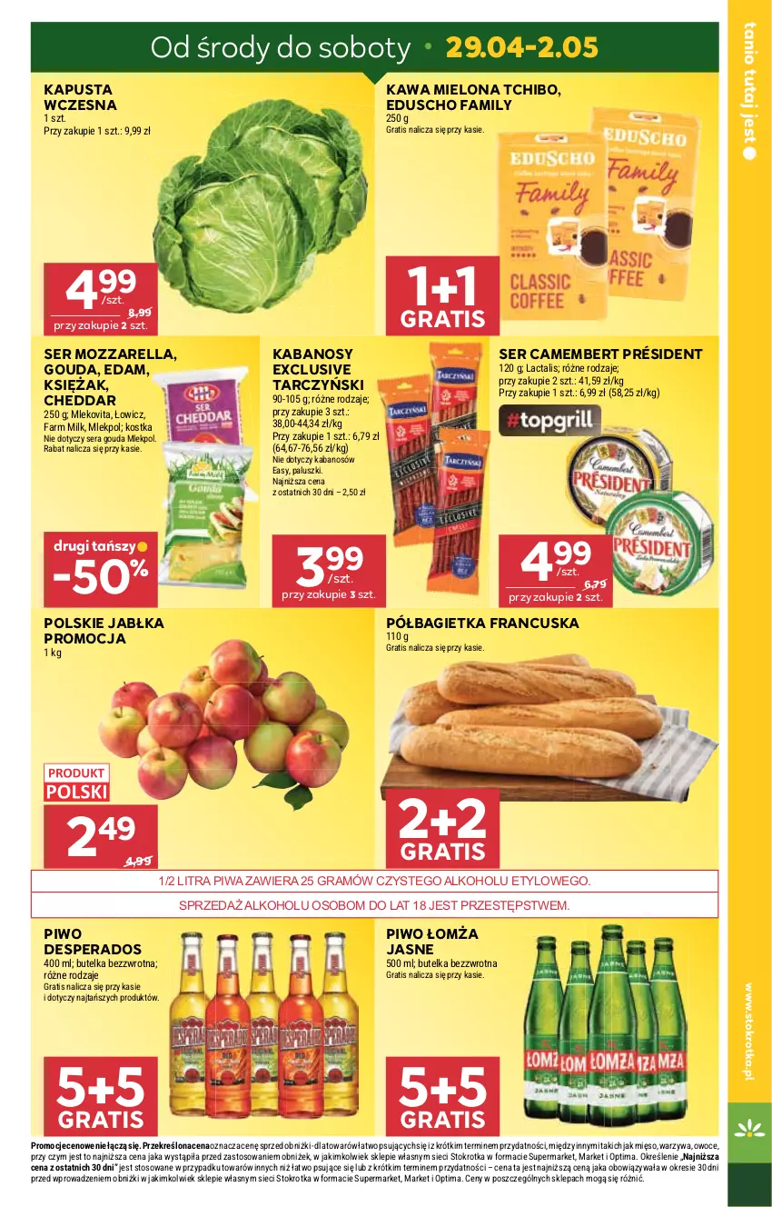 Gazetka promocyjna Stokrotka - Market - ważna 29.04 do 06.05.2026 - strona 3 - produkty: Bagietka, Camembert, Cheddar, Desperados, Edam, Fa, Farm Milk, Gouda, Gra, Jabłka, Kabanos, Kawa, Kawa mielona, Mięso, Mleko, Mlekovita, Mozzarella, Optima, Owoce, Piwa, Piwo, Półbagietka, Président, Ser, Tarczyński, Tchibo, Warzywa