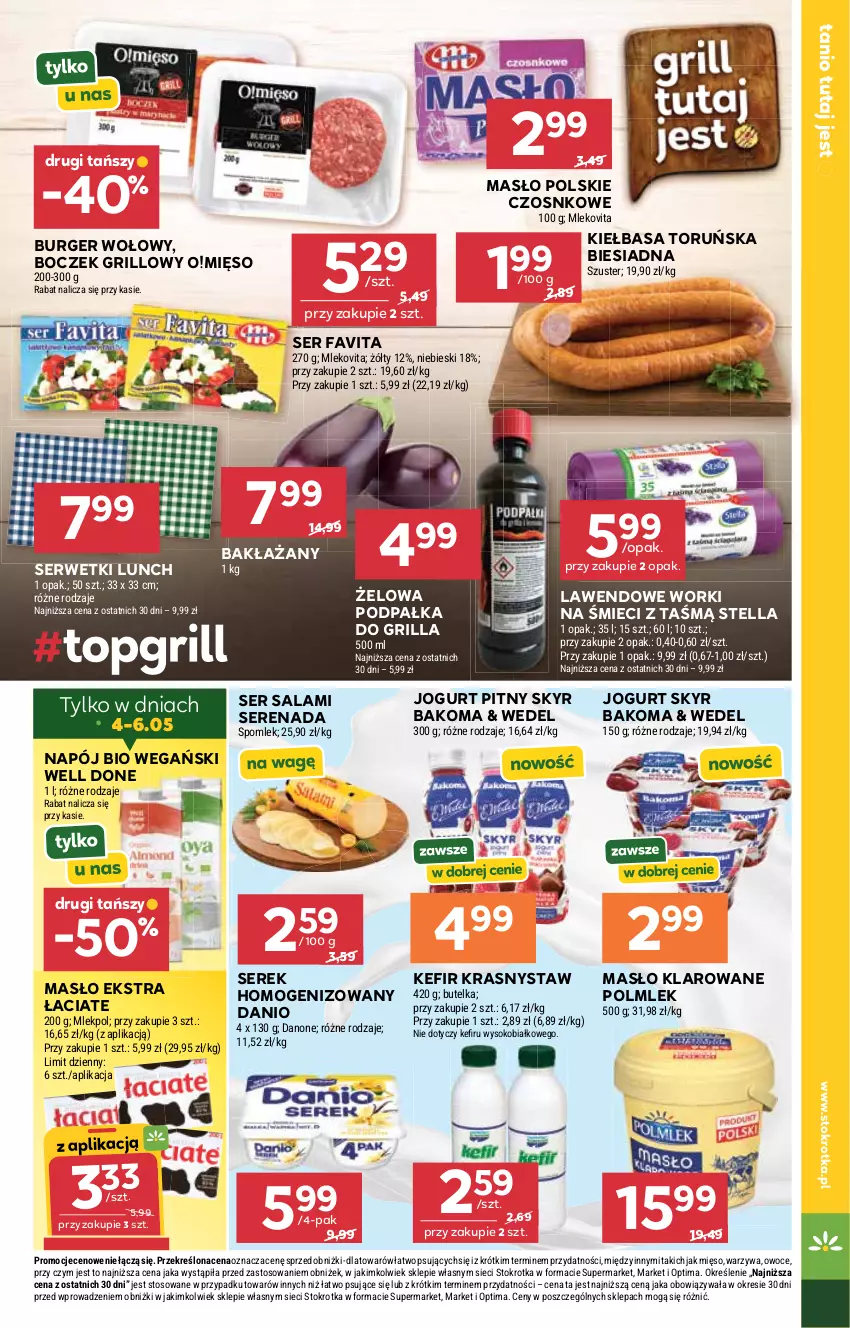 Gazetka promocyjna Stokrotka - Market - ważna 29.04 do 06.05.2026 - strona 7 - produkty: Bakoma, Boczek, Burger, Danio, Danone, Fa, Favita, Grill, Jogurt, Jogurt pitny, Kefir, Kiełbasa, Masło, Masło klarowane, Mięso, Mleko, Mlekovita, Napój, Optima, Owoce, POLMLEK, Salami, Ser, Ser salami, Serek, Serek homogenizowany, Serwetki, Sok, Warzywa, Worki na śmiec, Worki na śmieci