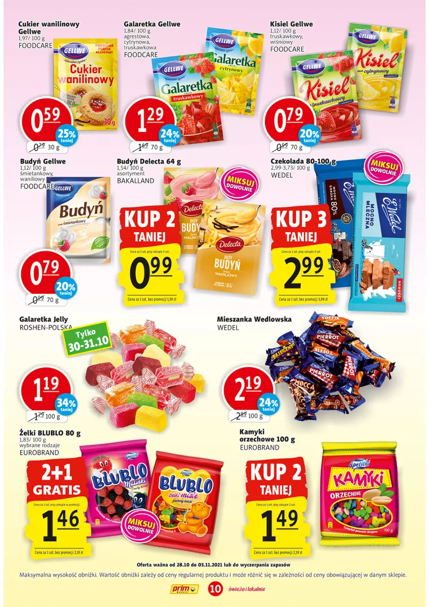 Gazetka promocyjna Prim Market - Gazetka - ważna 28.10 do 03.11.2021 - strona 10 - produkty: Bakalland, Budyń, Cukier, Cukier wanilinowy, Czekolada, Delecta, Gala, Galaretka, Gra, Gres, Kisiel, Mieszanka wedlowska, Sok