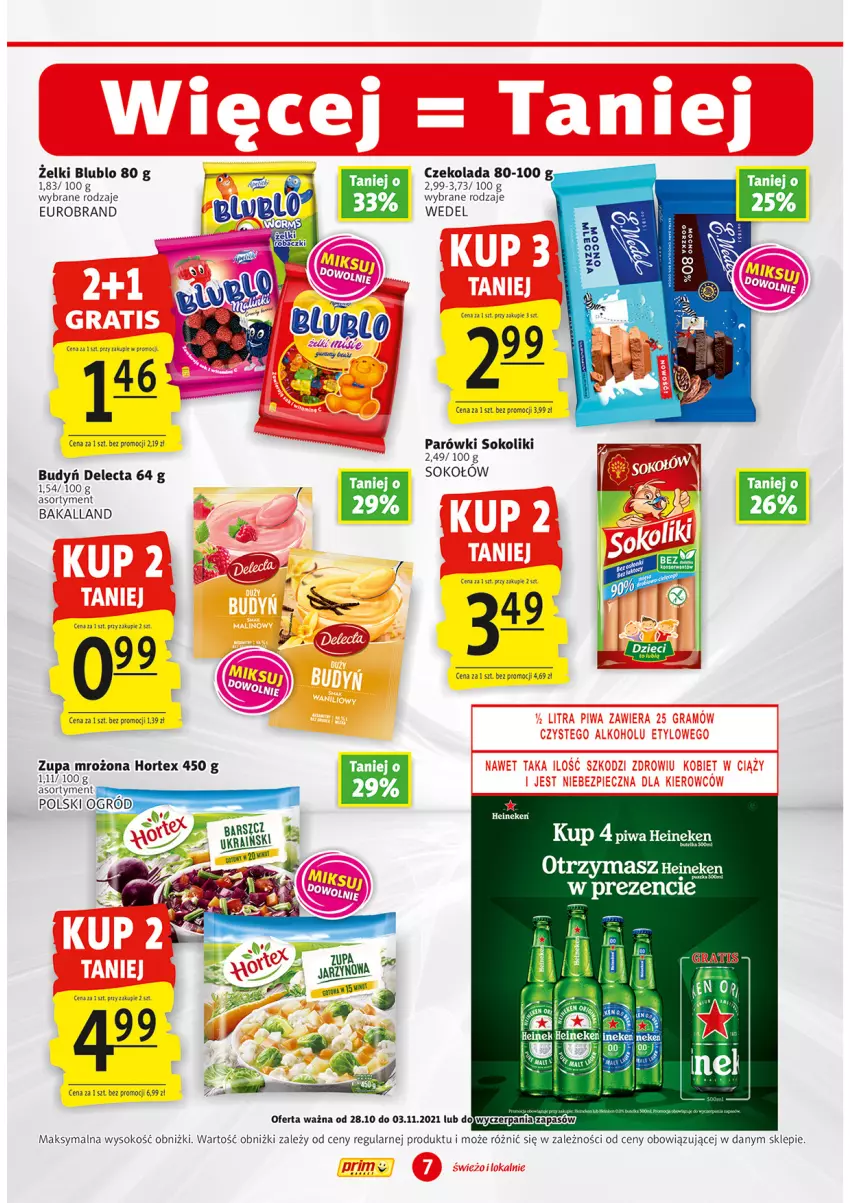 Gazetka promocyjna Prim Market - Gazetka - ważna 28.10 do 03.11.2021 - strona 7 - produkty: Bakalland, Czekolada, Heineken, Hortex, Parówki, Parówki sokoliki, Sok, Sokołów, Zupa