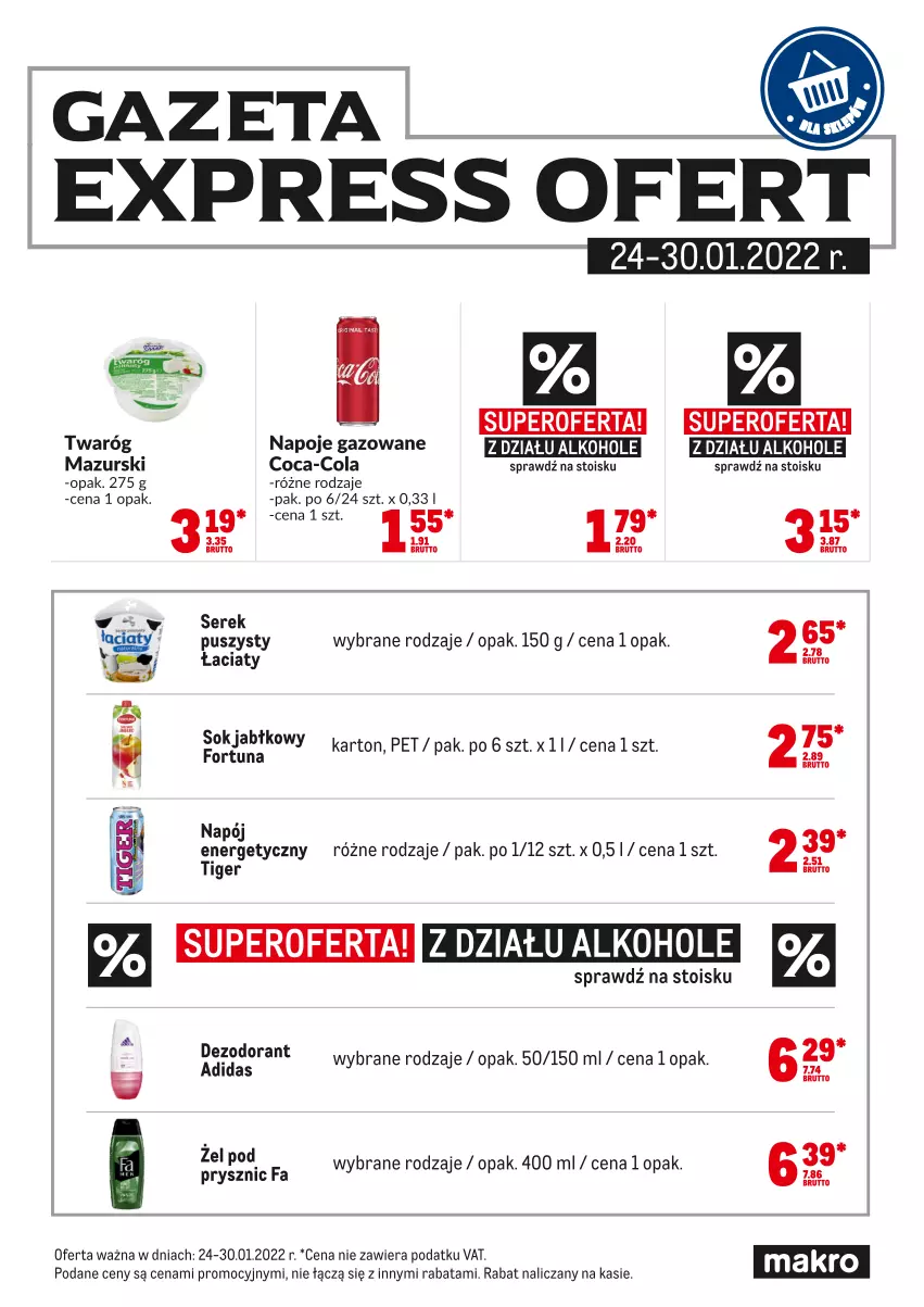 Gazetka promocyjna Makro - [Oferta specjalna] Express ofert - ważna 24.01 do 29.01.2022 - strona 1 - produkty: Alkohole, Coca-Cola, Fa, Napój, Napoje, Ser, Serek, Sok, Tiger, Twaróg