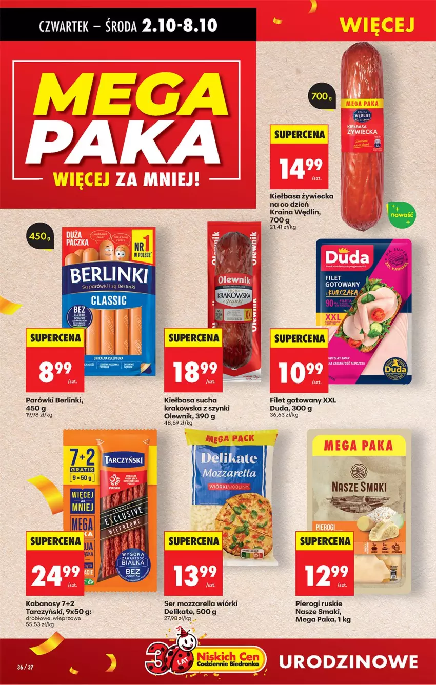 Gazetka promocyjna Biedronka - Od Czwartku - ważna 02.10 do 08.10.2025 - strona 50 - produkty: Berlinki, Duda, Fa, Gra, Kabanos, Kiełbasa, Kiełbasa zywiecka, Mozzarella, Olewnik, Owoce, Parówki, Pierogi, Ser, Sok, Tarczyński