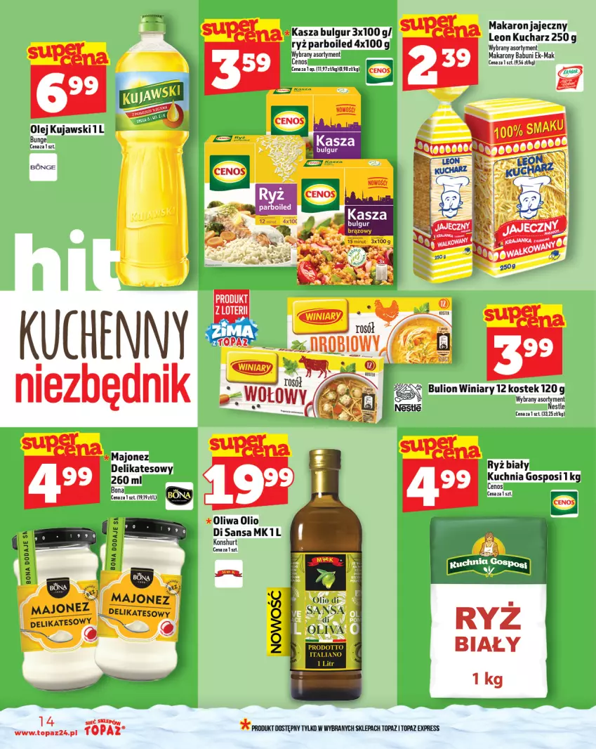 Gazetka promocyjna Topaz - Gazetka - ważna 27.11 do 03.12.2025 - strona 14 - produkty: Babuni, BIC, Bulgur, Bulion, Cenos, Kasza, Kuchnia, Kujawski, LG, Lion, Majonez, Makaron, Olej, Oliwa, Ryż, Ryż biały, Ryż parboiled, Stek, Top, Winiary