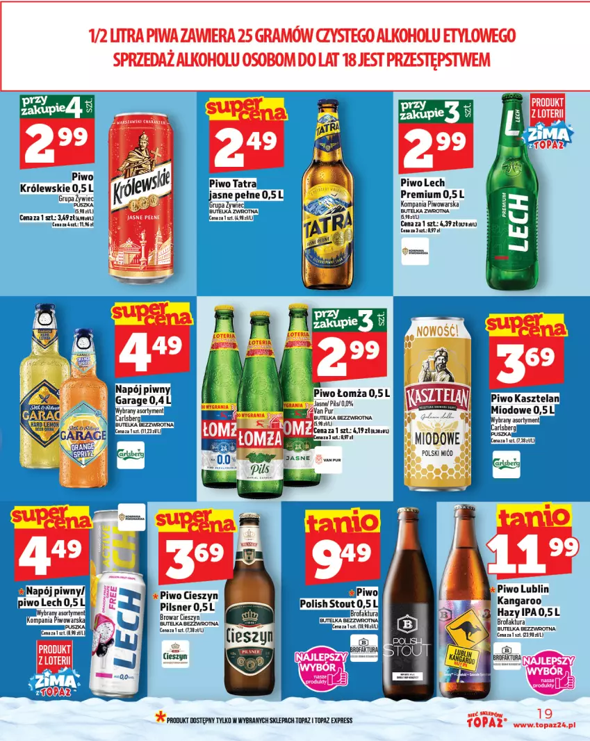 Gazetka promocyjna Topaz - Gazetka - ważna 27.11 do 03.12.2025 - strona 19 - produkty: Carlsberg, Fa, Gra, Kasztelan, Królewski, Miód, Napój, Piwa, Piwo, Tatra, Top