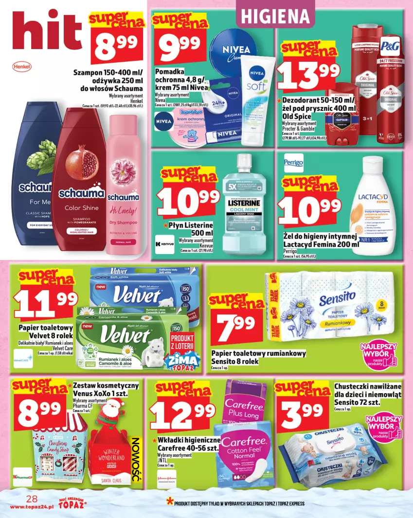 Gazetka promocyjna Topaz - Gazetka - ważna 27.11 do 03.12.2025 - strona 28 - produkty: Carefree, Chusteczki, Dzieci, Lactacyd, Odżywka, Papier, Papier toaletowy, Rum, Schauma, Sito, Szampon, Top, Velvet, Venus, Wkładki
