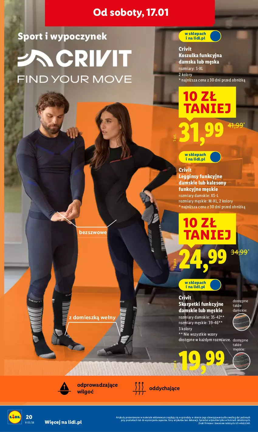 Gazetka promocyjna Lidl - GAZETKA - ważna 15.01 do 17.01.2026 - strona 20 - produkty: Gin, Kalesony, Karp, Kosz, Koszulka, Koszulka funkcyjna, Legginsy, LG, Por, Skarpetki, Sony, Sport