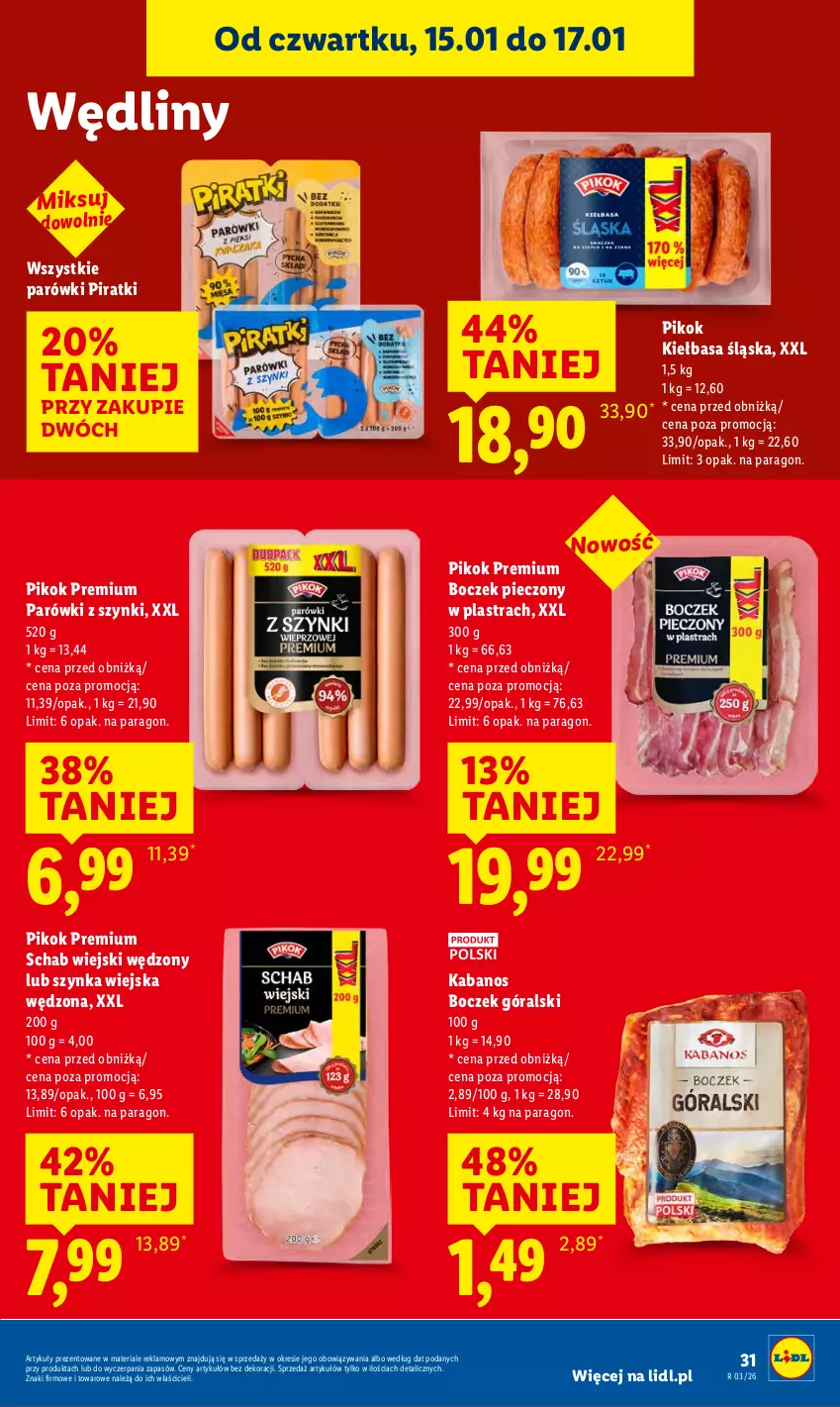 Gazetka promocyjna Lidl - GAZETKA - ważna 15.01 do 17.01.2026 - strona 31 - produkty: Boczek, Boczek pieczony, Kabanos, Kiełbasa, Kiełbasa śląska, Parówki, Parówki z szynki, Piec, PIKOK, Szynka