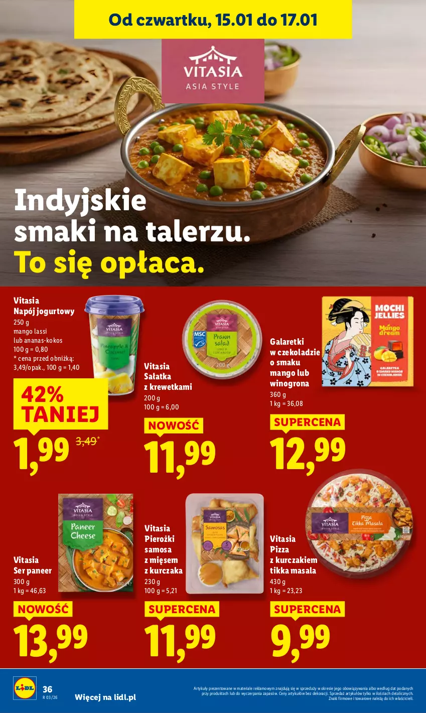 Gazetka promocyjna Lidl - GAZETKA - ważna 15.01 do 17.01.2026 - strona 36 - produkty: Ananas, Gala, Galaretki, Jogurt, Kokos, Kurczak, Mango, Napój, Napój jogurtowy, Pizza, Sałat, Sałatka, Ser, Talerz, Wino, Winogrona