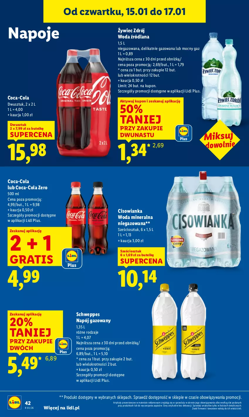 Gazetka promocyjna Lidl - GAZETKA - ważna 15.01 do 17.01.2026 - strona 42 - produkty: Cisowianka, Coca-Cola, Gra, LANA, Napój, Napój gazowany, Napoje, Schweppes, Woda, Woda mineralna
