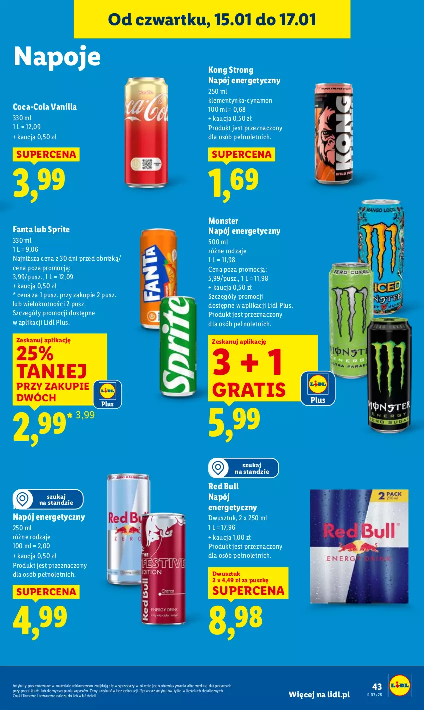 Gazetka promocyjna Lidl - GAZETKA - ważna 15.01 do 17.01.2026 - strona 43 - produkty: Coca-Cola, Fa, Fanta, Gra, Napój, Napój energetyczny, Napoje, Red Bull, Sprite