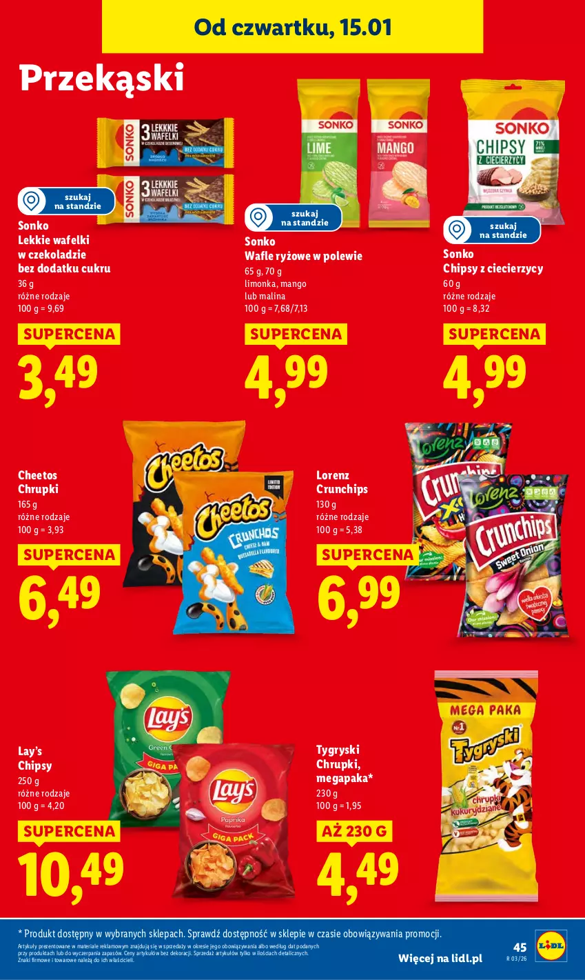 Gazetka promocyjna Lidl - GAZETKA - ważna 15.01 do 17.01.2026 - strona 45 - produkty: Cheetos, Chipsy, Chrupki, Crunchips, Gry, Lay’s, Limonka, Lorenz, Mango, Ryż, Sonko, Wafle