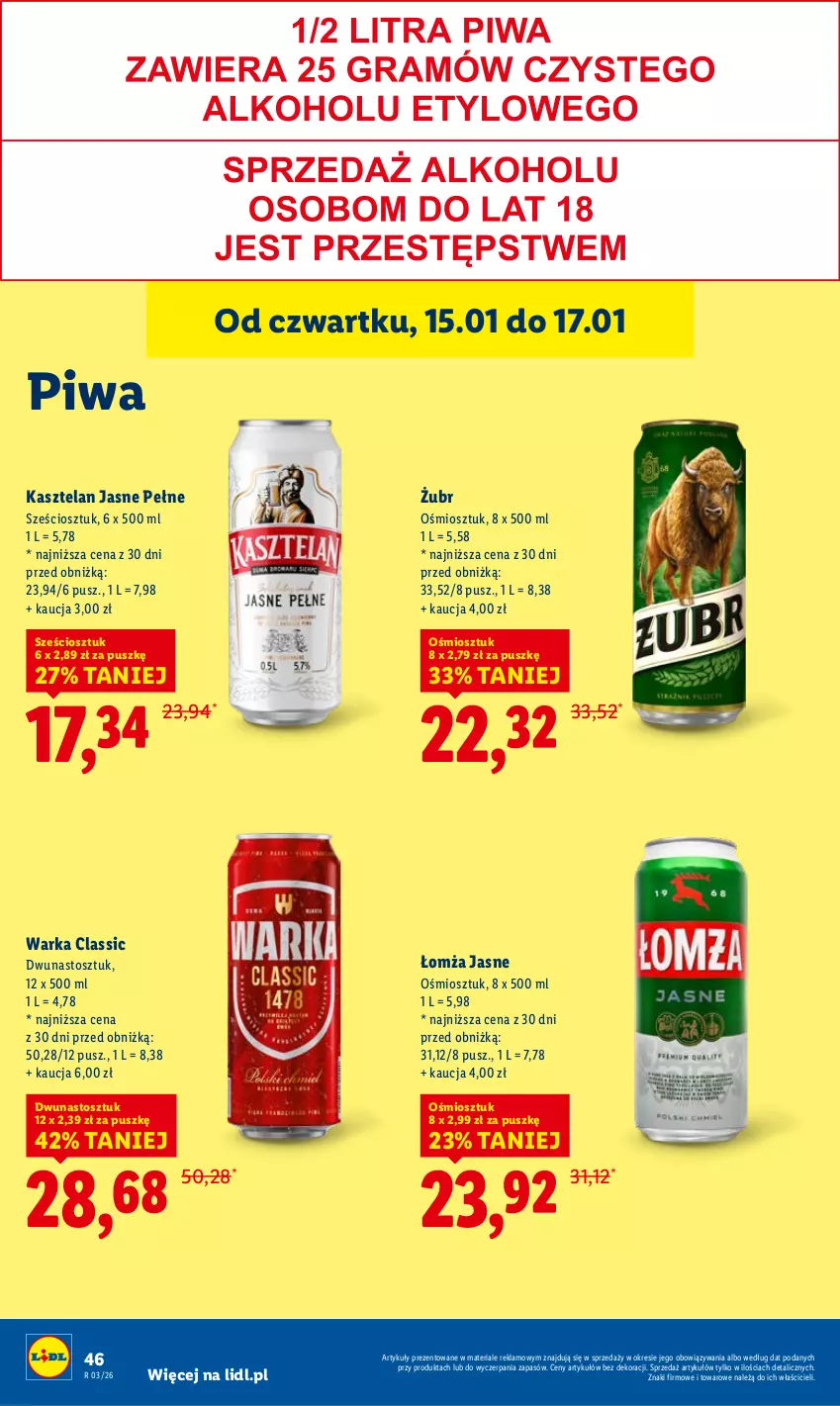 Gazetka promocyjna Lidl - GAZETKA - ważna 15.01 do 17.01.2026 - strona 46 - produkty: Kasztelan, Piwa, Warka