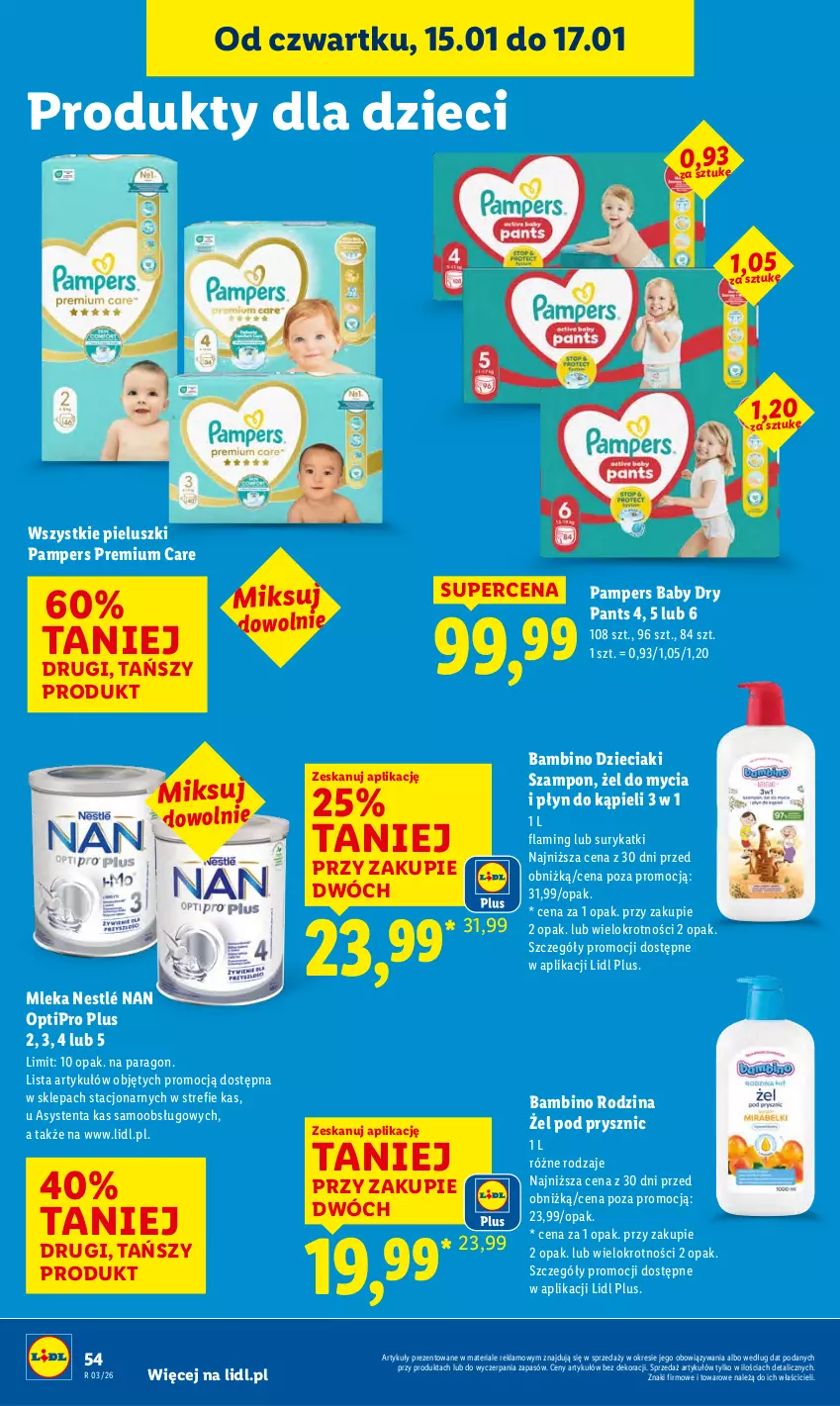 Gazetka promocyjna Lidl - GAZETKA - ważna 15.01 do 17.01.2026 - strona 54 - produkty: Dzieci, NAN Optipro, Nestlé, Pampers, Płyn do kąpieli, Szampon