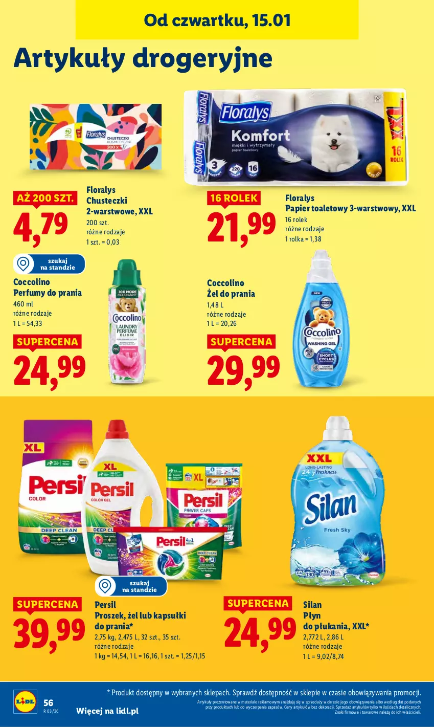 Gazetka promocyjna Lidl - GAZETKA - ważna 15.01 do 17.01.2026 - strona 56 - produkty: Chusteczki, Coccolino, Flora, Kapsułki do prania, Papier, Papier toaletowy, Perfum, Persil, Płyn do płukania, Silan