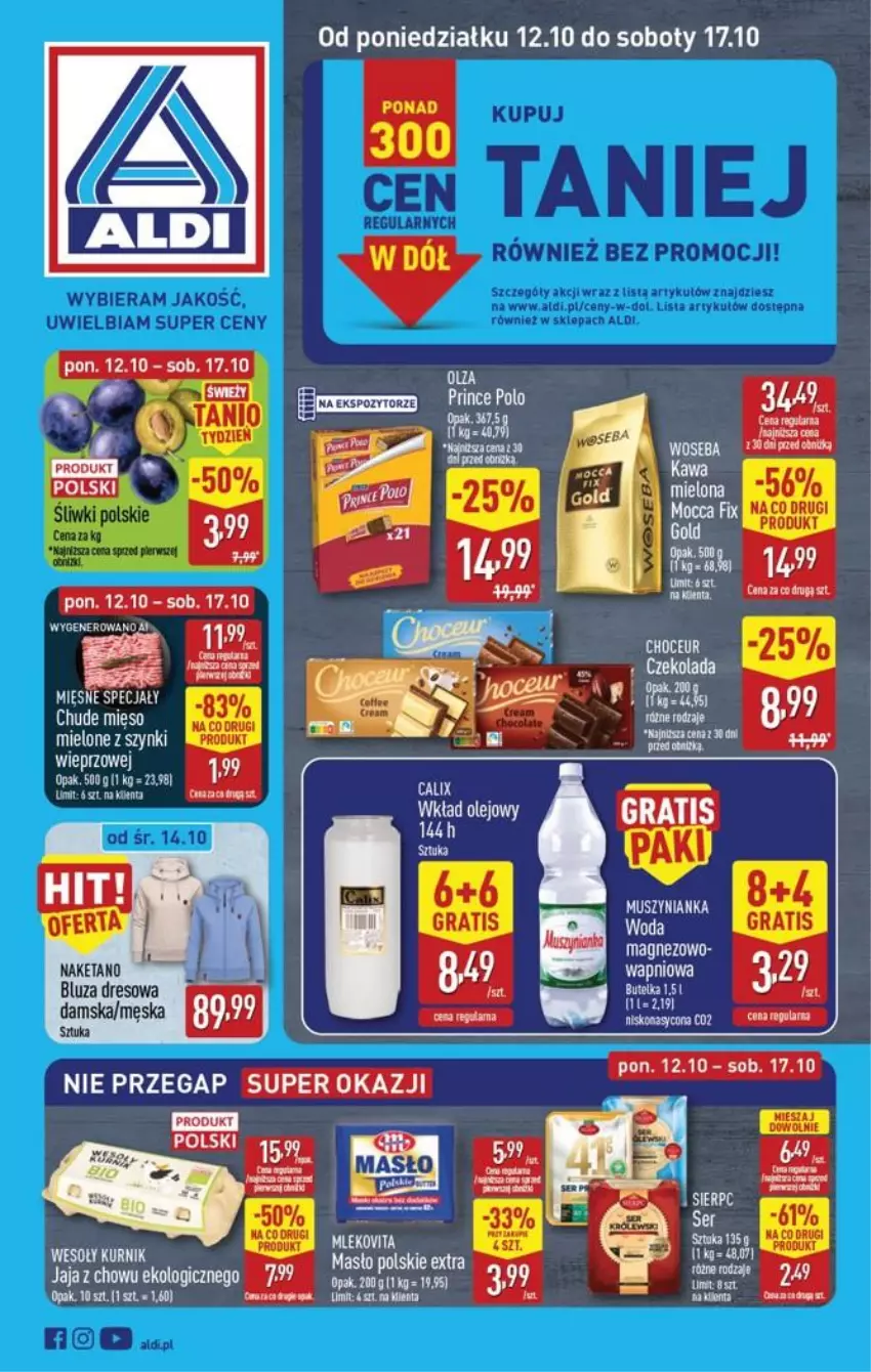 Gazetka promocyjna Aldi - Pełna oferta - ważna 12.10 do 17.10.2026 - strona 1 - produkty: Bluza, Bluza dresowa, Dres, Fa, Jaja, Kawa, Kawa mielona, Masło, Mięsne specjały, Mleko, Prince Polo, Woseba