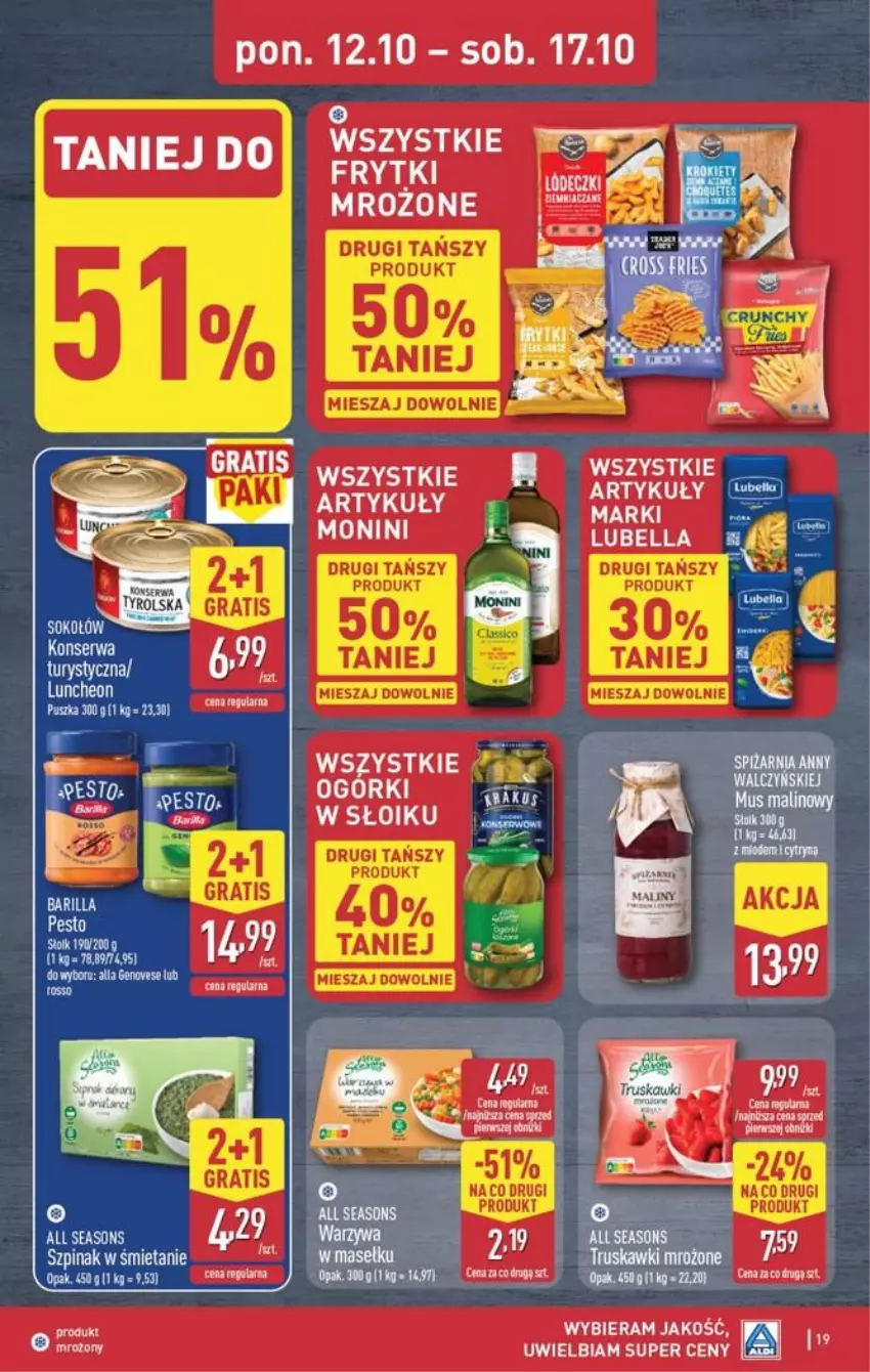 Gazetka promocyjna Aldi - Pełna oferta - ważna 12.10 do 17.10.2026 - strona 19 - produkty: All Seasons, Bell, Bella, Frytki, Gra, HP, Lubella, Monini, Ser, Sok, Sokołów, Sos, Szal, Szpinak