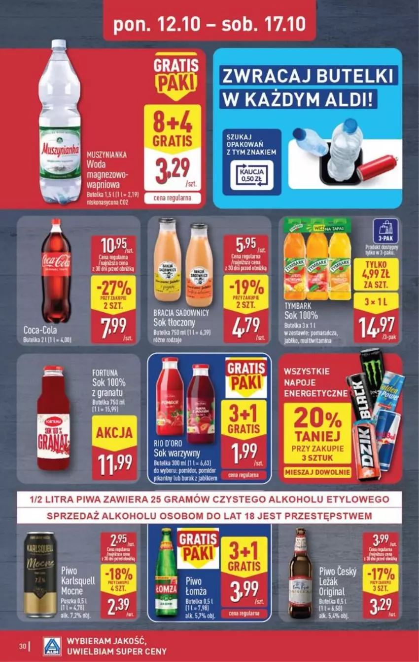 Gazetka promocyjna Aldi - Pełna oferta - ważna 12.10 do 17.10.2026 - strona 30 - produkty: Coca-Cola, EPEE, Fa, Gin, Gra, Jabłka, Karlsquell, LANA, Magnez, Mus, Muszynianka, Napoje, Piwa, Sok, Tymbark