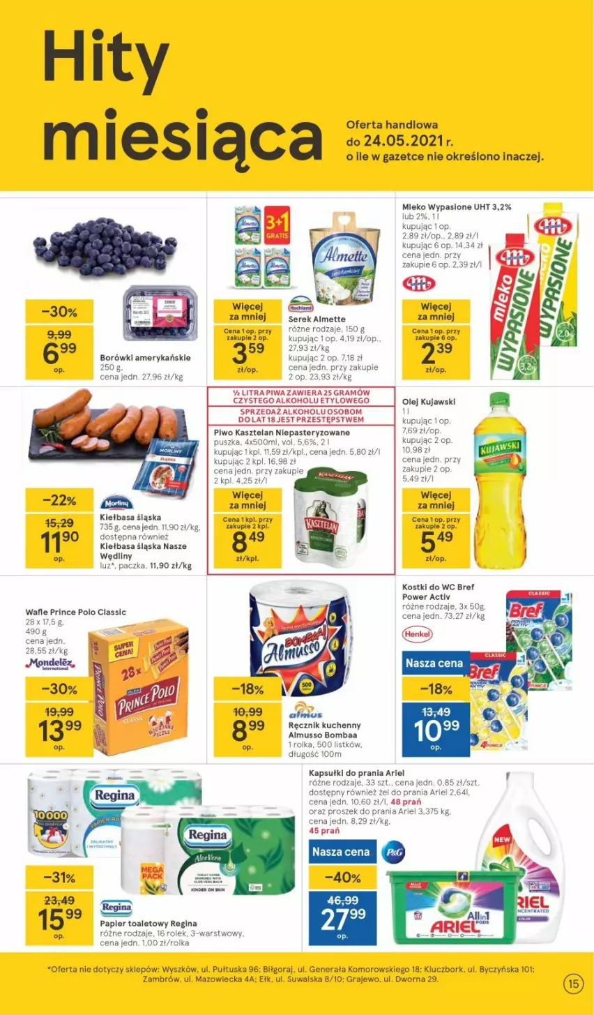 Gazetka promocyjna Tesco - Tesco gazetka - przyszły tydzień - ważna 06.05 do 12.05.2021 - strona 15 - produkty: Almette, Ariel, Astor, Bref, Gin, Gra, Kapsułki do prania, Kasztelan, Kiełbasa, Kiełbasa śląska, Papier, Papier toaletowy, Piwa, Prince Polo, Proszek do prania, Ser, Serek