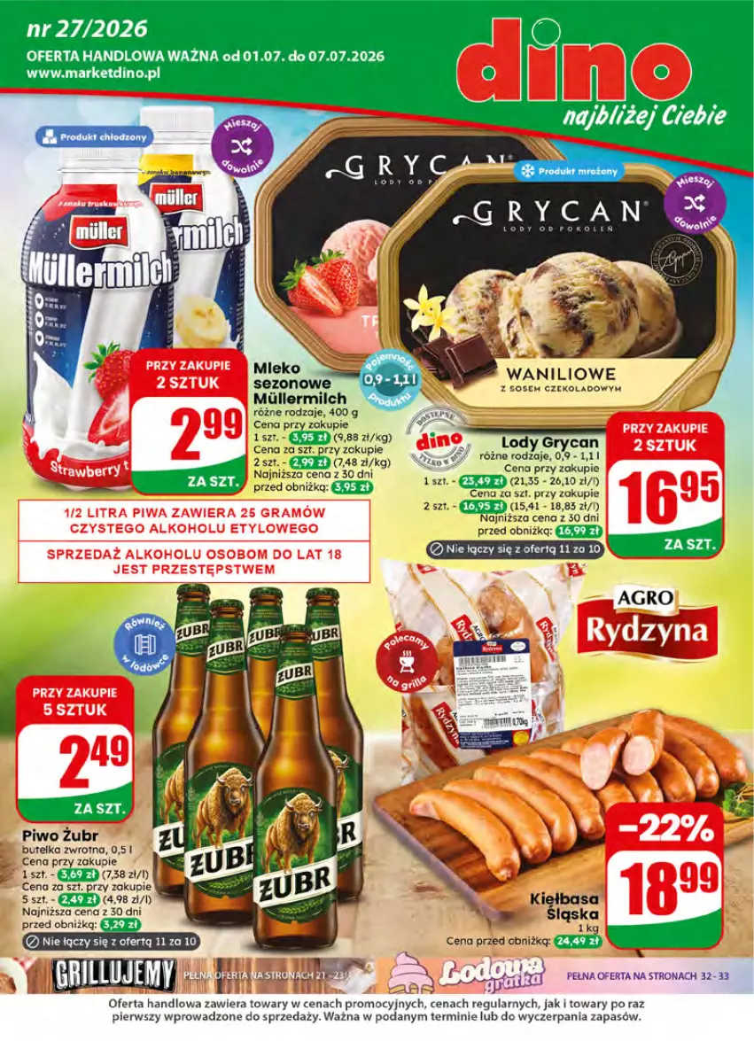 Gazetka promocyjna Dino - Gazetka 27 / 2026 - ważna 01.07 do 07.07.2026 - strona 1 - produkty: Gry, JBL, Kiełbasa, Lody, Piwo, Sól, Sos