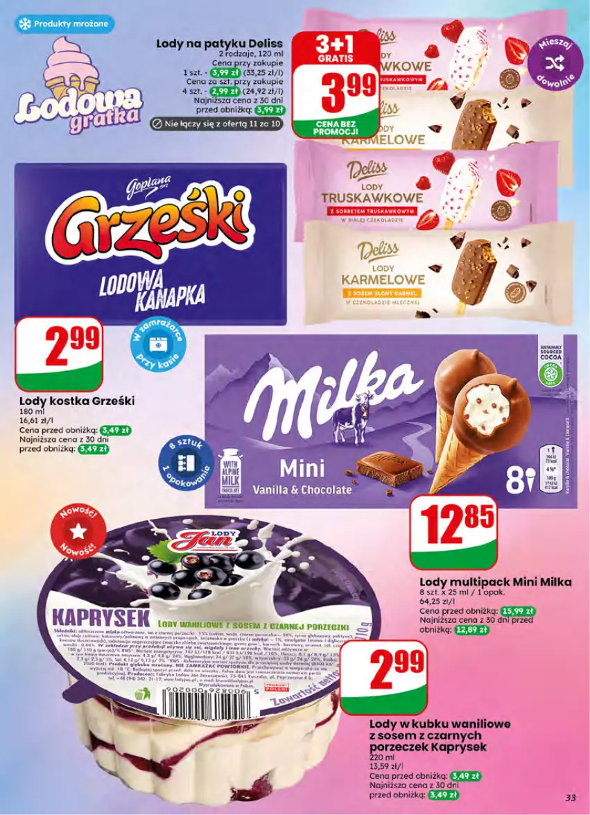 Gazetka promocyjna Dino - Gazetka 27 / 2026 - ważna 01.07 do 07.07.2026 - strona 33 - produkty: Deliss, Grześki, Lody, Milka, Por, Sos