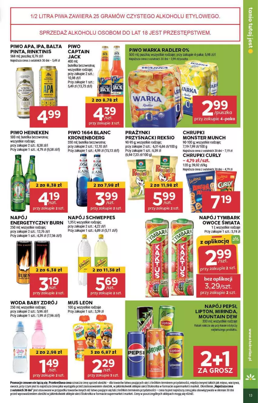 Gazetka promocyjna Stokrotka - Market - ważna 20.06 do 26.06.2024 - strona 15 - produkty: Captain Jack, Chrupki, Gra, Heineken, Leon, LG, Lipton, Mięso, Mirinda, Monster Munch, Mus, Napój, Napój energetyczny, Owoce, Pepsi, Piwa, Piwo, Przysnacki, Radler, Schweppes, Tymbark, Warka, Warzywa, Woda