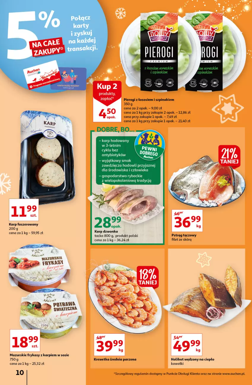 Gazetka promocyjna Auchan - Magia Świąt Hipermarkety - ważna 09.12 do 15.12.2021 - strona 10 - produkty: Fa, Halibut, Karp, Kawa, Pierogi, Pstrąg, Pstrąg tęczowy, Ryba, Sos, Szpinak