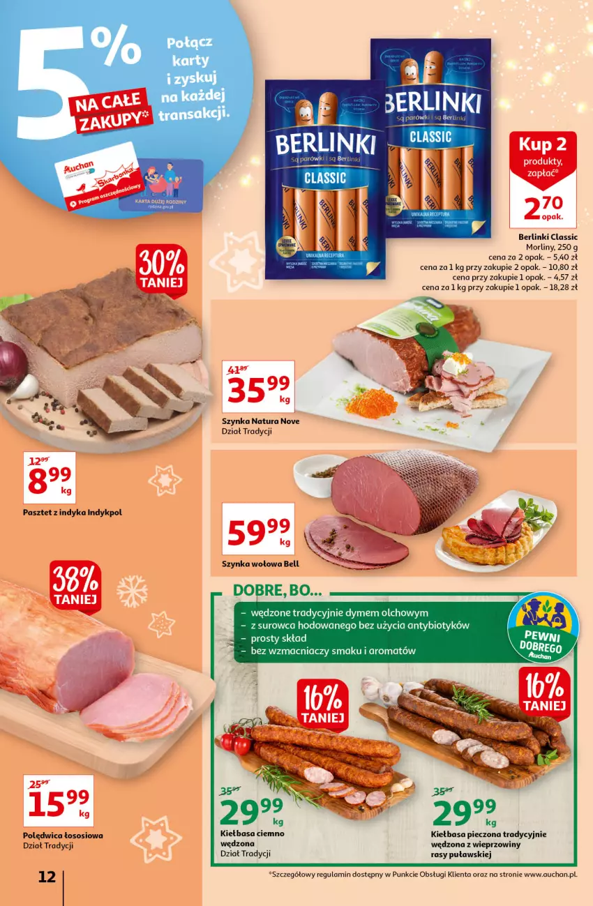 Gazetka promocyjna Auchan - Magia Świąt Hipermarkety - ważna 09.12 do 15.12.2021 - strona 12 - produkty: Bell, Berlinki, Kiełbasa, Morliny, Pasztet, Pasztet z indyka, Piec, Polędwica, Por, Sos, Szynka, Tran