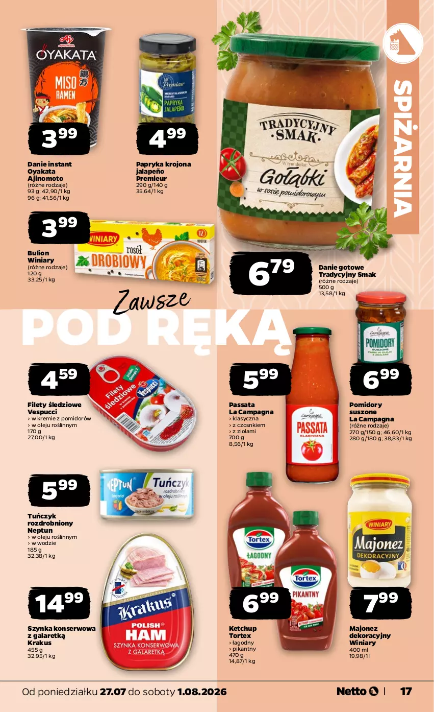 Gazetka promocyjna Netto - Od Poniedziałku - ważna 27.07 do 01.08.2026 - strona 17 - produkty: Bulion, Danie gotowe, Gala, Ketchup, Krakus, Lion, Majonez, Olej, Papryka, Pomidory, Ser, Szynka, Szynka konserwowa, Tuńczyk, Winiary