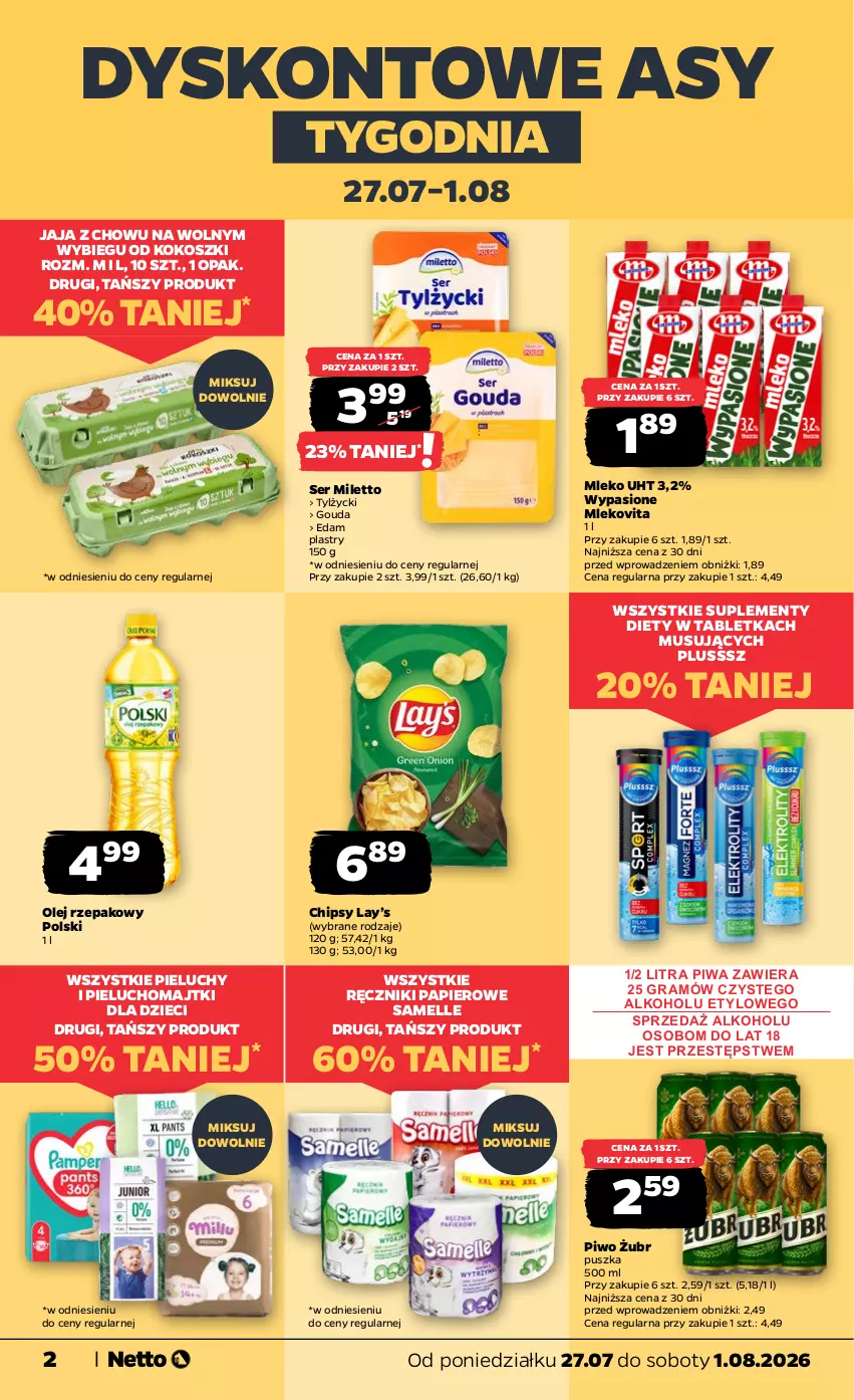 Gazetka promocyjna Netto - Od Poniedziałku - ważna 27.07 do 01.08.2026 - strona 2 - produkty: Chipsy, Dzieci, Edam, Gouda, Gra, Jaja, Kokos, Kosz, Lay’s, Majtki, Mleko, Mlekovita, Mus, Olej, Olej rzepakowy, Papier, Pieluchomajtki, Pieluchy, Piwa, Piwo, Ręcznik, Ręczniki papierowe, Ser, Tablet