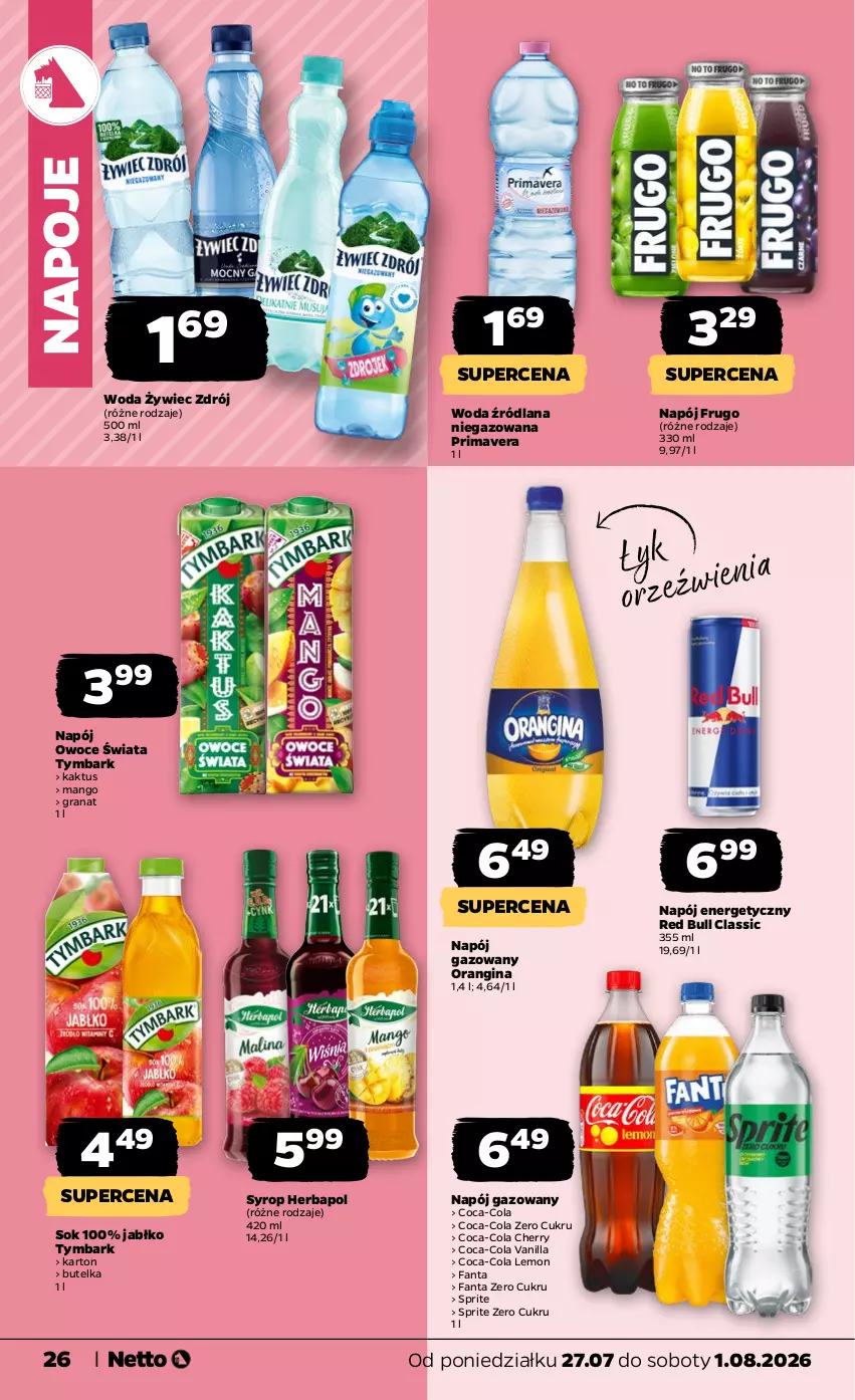 Gazetka promocyjna Netto - Od Poniedziałku - ważna 27.07 do 01.08.2026 - strona 26 - produkty: Coca-Cola, Fa, Fanta, Gin, Gra, Granat, Herbapol, Kaktus, LANA, Mango, Napój, Napój energetyczny, Napój gazowany, Napoje, Owoce, Prima, Primavera, Red Bull, Sok, Sprite, Syrop, Tymbark, Woda
