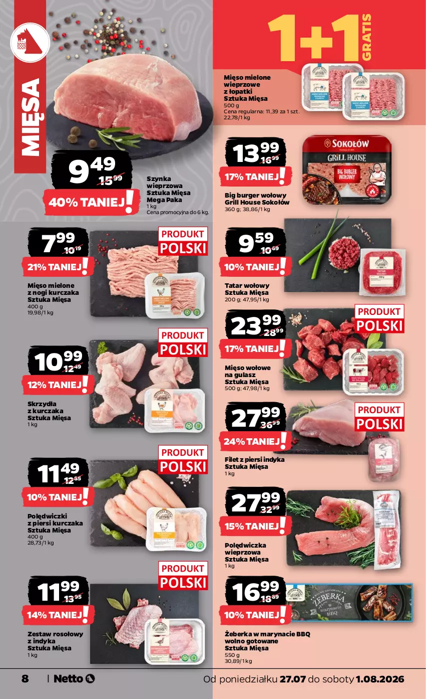 Gazetka promocyjna Netto - Od Poniedziałku - ważna 27.07 do 01.08.2026 - strona 8 - produkty: Burger, Filet z piersi indyka, Gra, Grill, Kurczak, Mięso, Mięso mielone, Mięso wołowe, Polędwiczka wieprzowa, Sok, Sokołów, Szynka, Szynka wieprzowa, Tatar wołowy