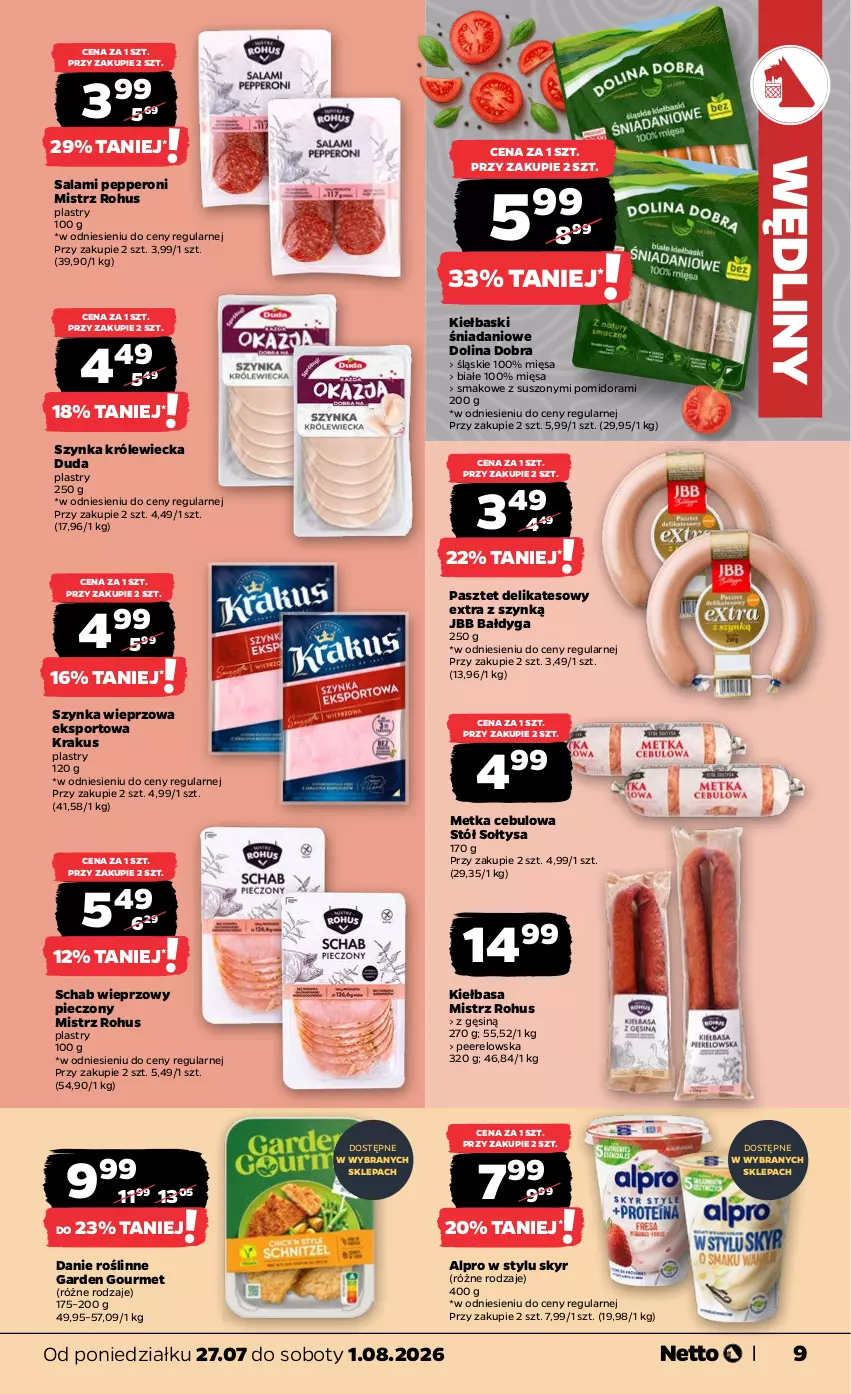 Gazetka promocyjna Netto - Od Poniedziałku - ważna 27.07 do 01.08.2026 - strona 9 - produkty: Alpro, Danio, Duda, Kiełbasa, Krakus, Pasztet, Piec, Por, Salami, Schab wieprzowy, Sport, Stół, Szynka, Szynka wieprzowa