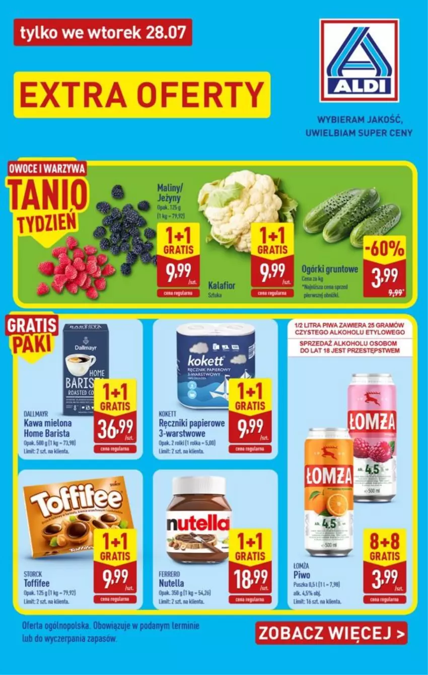Gazetka promocyjna Aldi - Extra oferta - ważna 28.07 do 28.07.2026 - strona 1 - produkty: Fa, Ferrero, Gra, Grunt, Kawa, Nutella, Papier, Piwa, Piwo, Ręcznik, Ręczniki papierowe, Rolki, Toffifee