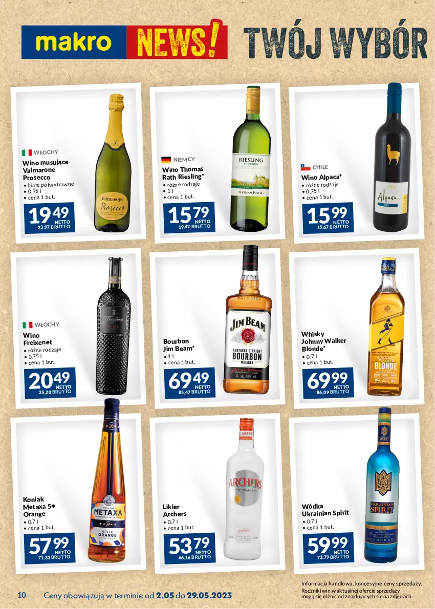 Gazetka promocyjna Makro - Najlepsze oferty - oferta z alkoholem - ważna 02.05 do 29.05.2023 - strona 10 - produkty: Bourbon, Jim Beam, Likier, Metaxa, Mus, Prosecco, Whisky, Wino, Wino musujące, Wódka