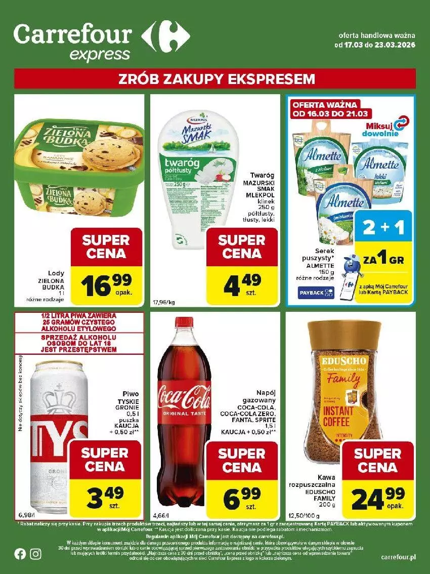 Gazetka promocyjna Carrefour - Gazetka Express - ważna 17.03 do 23.03.2026 - strona 2 - produkty: Almette, Coca-Cola, Fa, Fanta, Gin, Gra, Lody, Napój, Piwa, Piwo, Twaróg, Tyskie