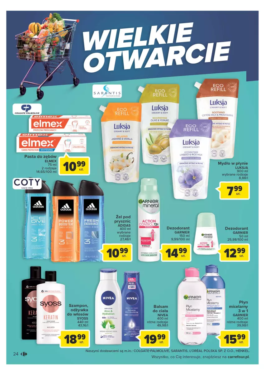 Gazetka promocyjna Carrefour - Gazetka Wielki otwarcie Carrefour Plac Unii - ważna 31.05 do 05.06.2023 - strona 24 - produkty: Adidas, Balsam do ciała, Colgate, Control, Dezodorant, Elmex, Garnier, Gin, LG, Luksja, Mydło, Mydło w płynie, Nivea, Odżywka, Palmolive, Pasta do zębów, Syoss, Szampon