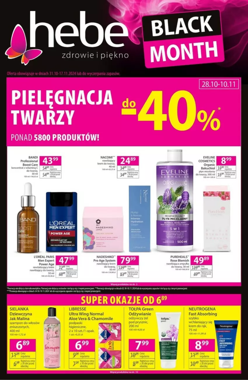 Gazetka promocyjna Hebe - ważna 31.10 do 17.11.2024 - strona 1 - produkty: Aloe vera, Bandi, Eveline, Fa, Nacomi, Neutrogena, Pur, PureHeals, Tołpa