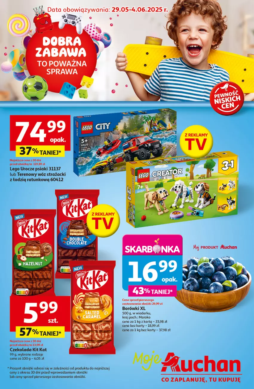 Gazetka promocyjna Auchan - Dobra Zabawa to Poważna Sprawa Moje - ważna 29.05 do 04.06.2025 - strona 1 - produkty: Czekolada, Kit Kat, LEGO, Wóz strażacki