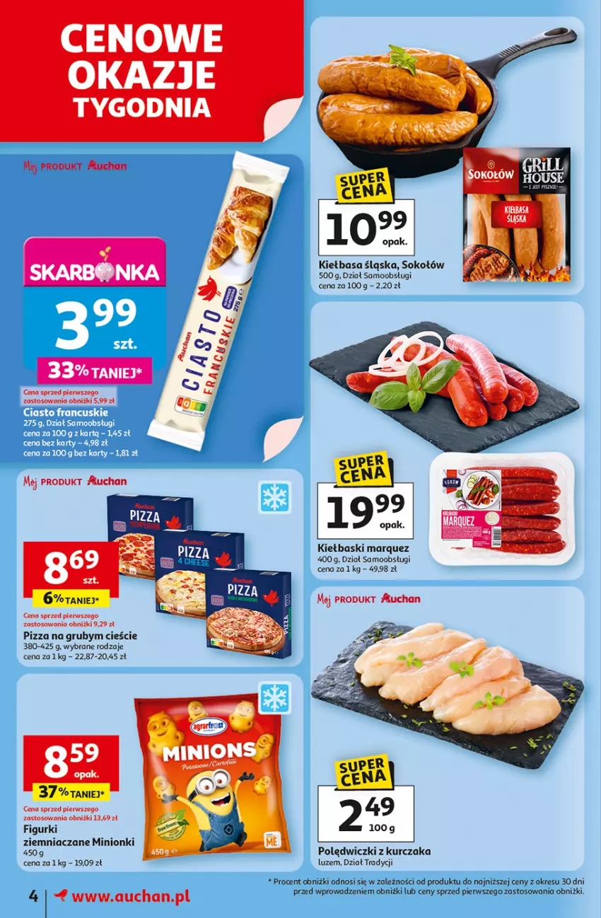 Gazetka promocyjna Auchan - Dobra Zabawa to Poważna Sprawa Moje - ważna 29.05 do 04.06.2025 - strona 4 - produkty: Kiełbasa, Kiełbasa śląska, Kurczak, Pizza, Polędwiczki z kurczaka, Sok, Sokołów
