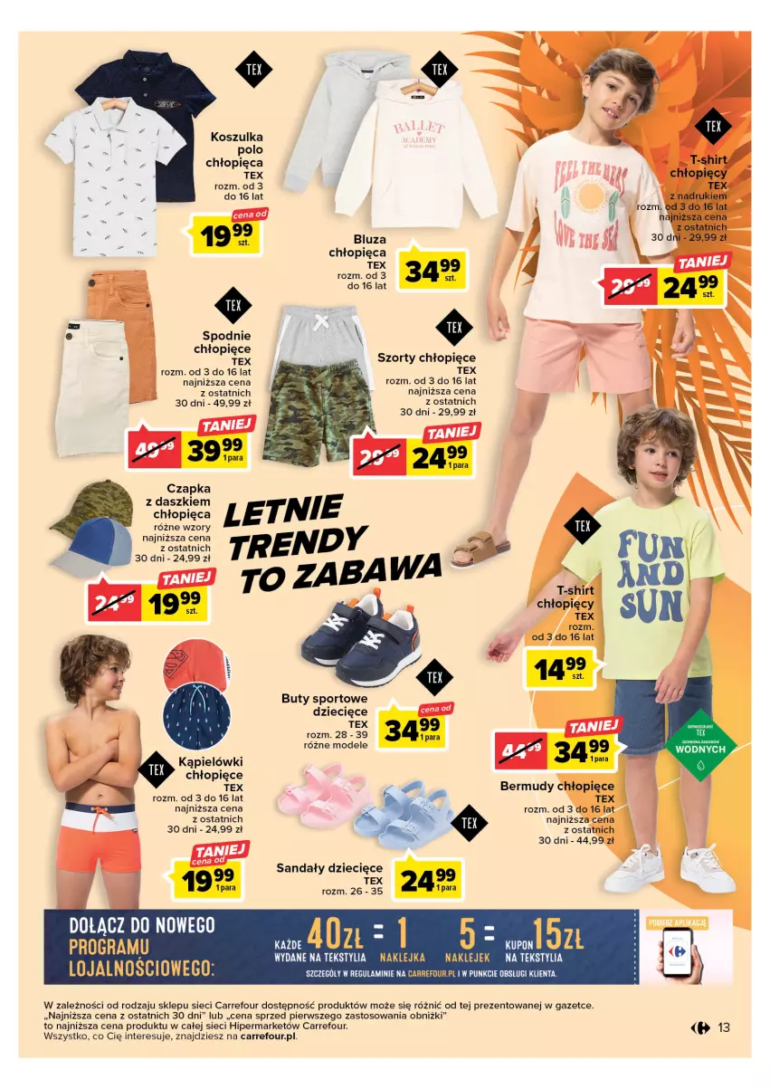 Gazetka promocyjna Carrefour - Gazetka Letnie trendy - ważna 02.05 do 13.05.2023 - strona 13 - produkty: Bermudy, Bluza, Buty, Czapka, Dzieci, Klej, Kosz, Koszulka, Por, Sandał, Spodnie, Sport, Szorty, T-shirt