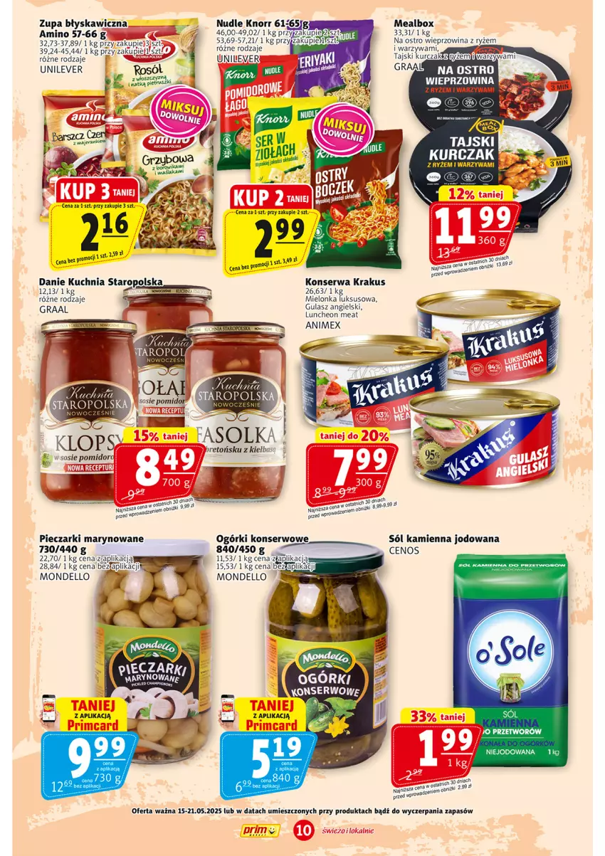 Gazetka promocyjna Prim Market - ważna 15.05 do 21.05.2025 - strona 10 - produkty: Cenos, Dell, Fa, Gra, Graal, Knorr, Krakus, Kuchnia, Kuchnia Staropolska, Kurczak, Ogórki konserwowe, Piec, Ryż, Ser, Sól, Sos, Warzywa, Wieprzowina, Zupa