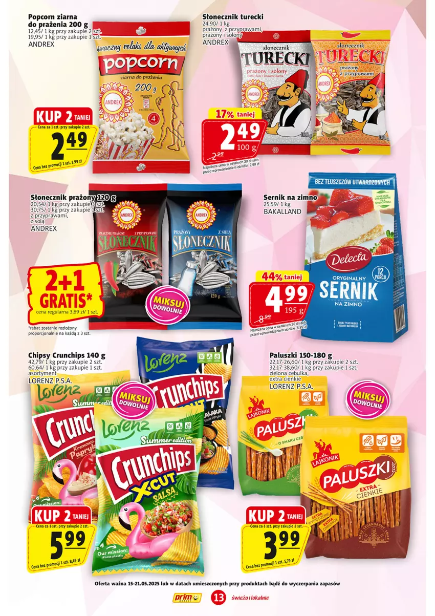 Gazetka promocyjna Prim Market - ważna 15.05 do 21.05.2025 - strona 13 - produkty: Bakalland, Chipsy, Crunchips, Gin, Lorenz, Popcorn, Por, Ser, Słonecznik prażony, Słonecznik turecki