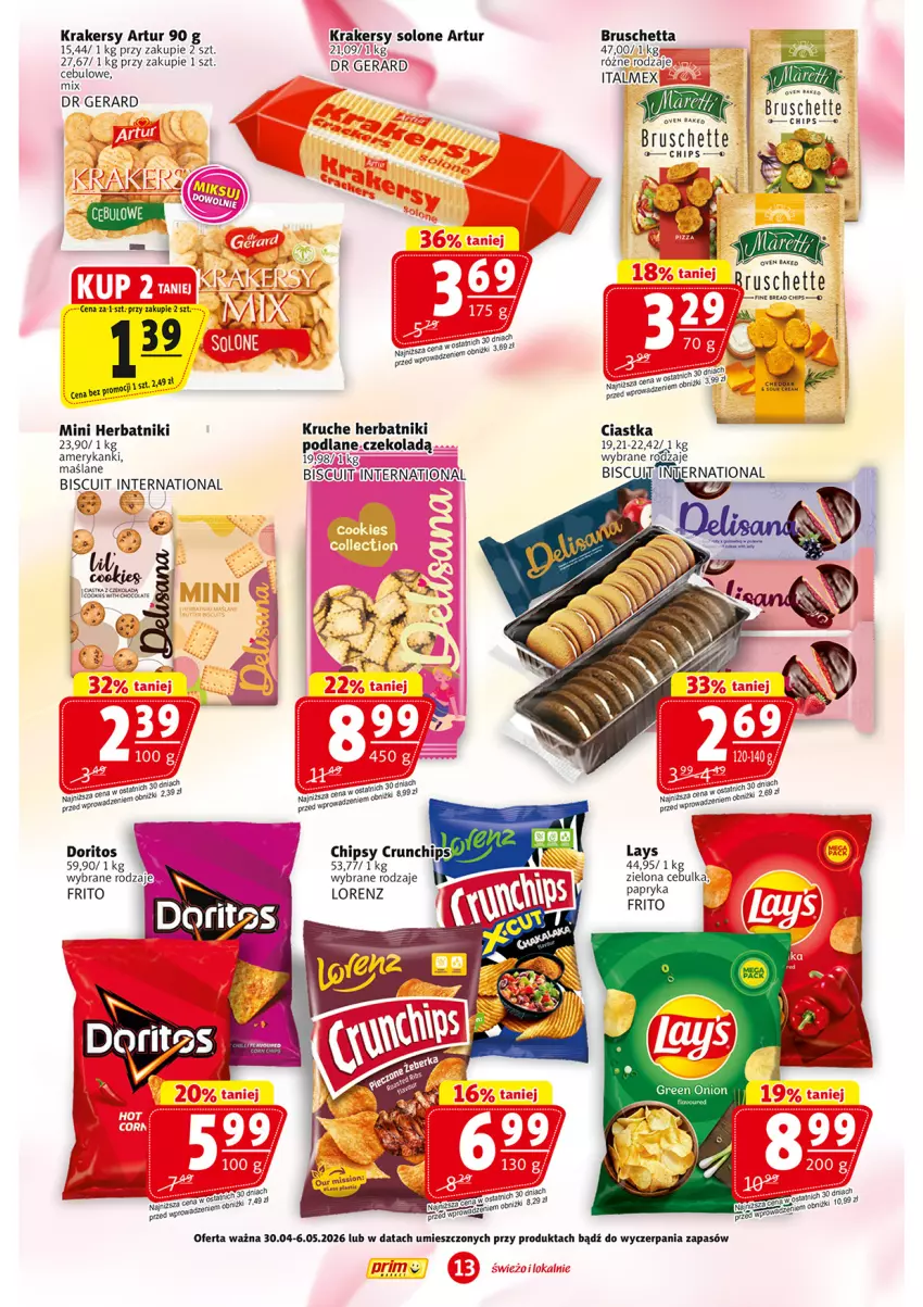 Gazetka promocyjna Prim Market - ważna 30.04 do 06.05.2026 - strona 13 - produkty: Artur, Bruschette, Chipsy, Ciastka, Dr Gerard, Herbatniki, Krakersy, Lorenz, Papryka