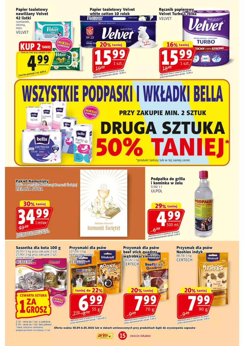 Gazetka promocyjna Prim Market - ważna 30.04 do 06.05.2026 - strona 15 - produkty: Bell, Bella, Gra, Grill, Papier, Papier toaletowy, Por, Przysmaki, Ręcznik, Rum, Rust, Velvet, Wkładki