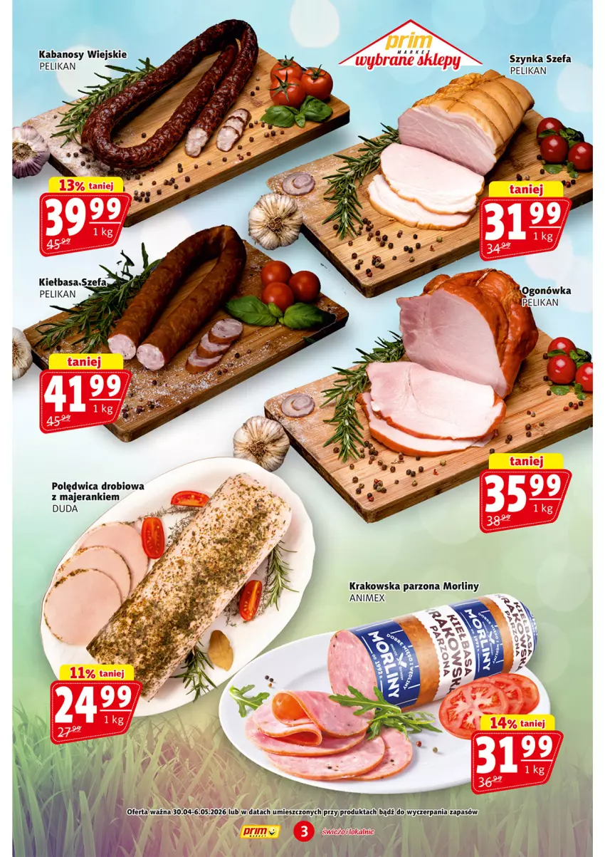 Gazetka promocyjna Prim Market - ważna 30.04 do 06.05.2026 - strona 3 - produkty: Duda, Fa, Kabanos, Kiełbasa, Morliny, Polędwica