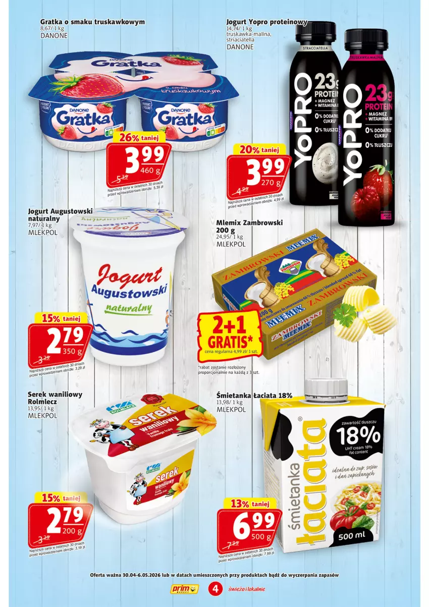 Gazetka promocyjna Prim Market - ważna 30.04 do 06.05.2026 - strona 4 - produkty: Danone, Gra, Jogurt, Magnez, Mlemix Zambrowski, Por, Rolmlecz, Ser, Serek