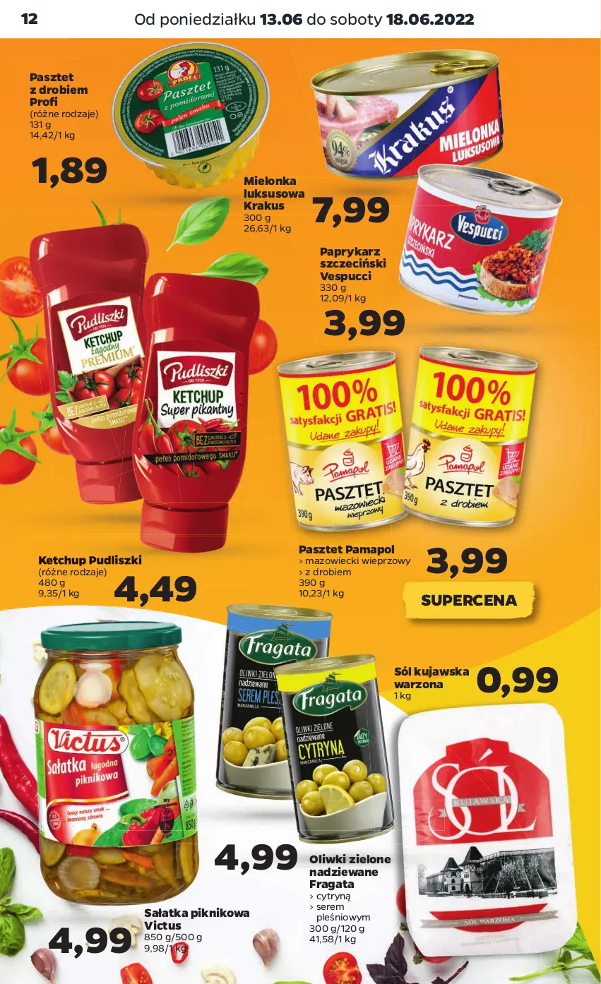 Gazetka promocyjna Netto - Gazetka spożywcza - ważna 13.06 do 18.06.2022 - strona 12 - produkty: Ketchup, Krakus, Oliwki, Oliwki zielone, Papryka, Paprykarz, Paprykarz szczeciński, Pasztet, Pudliszki, Sałat, Sałatka, Ser, Sól