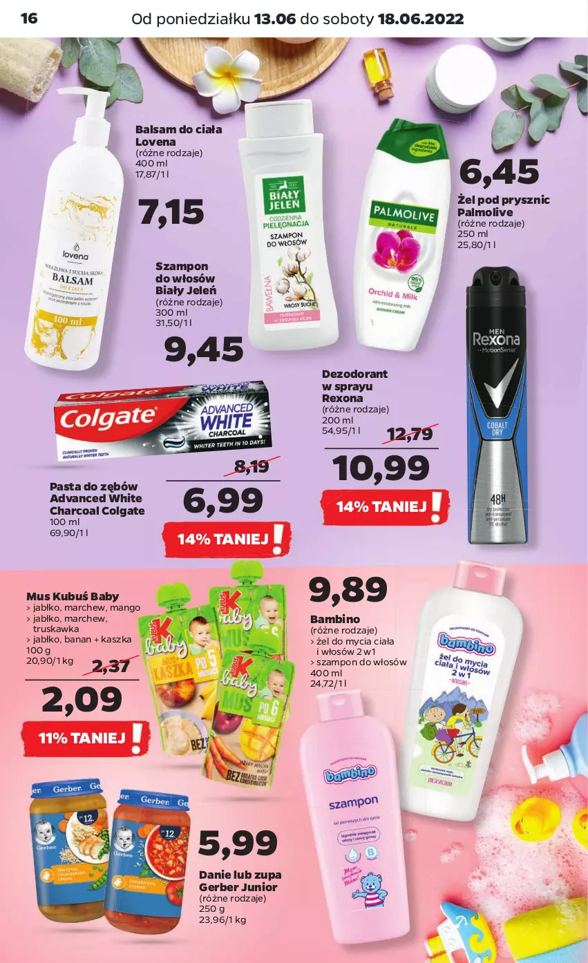 Gazetka promocyjna Netto - Gazetka spożywcza - ważna 13.06 do 18.06.2022 - strona 16 - produkty: Balsam do ciała, Biały Jeleń, Colgate, Dezodorant, Gerber, Kubuś, LG, Mango, Mus, Palmolive, Pasta do zębów, Rexona, Szampon, Zupa