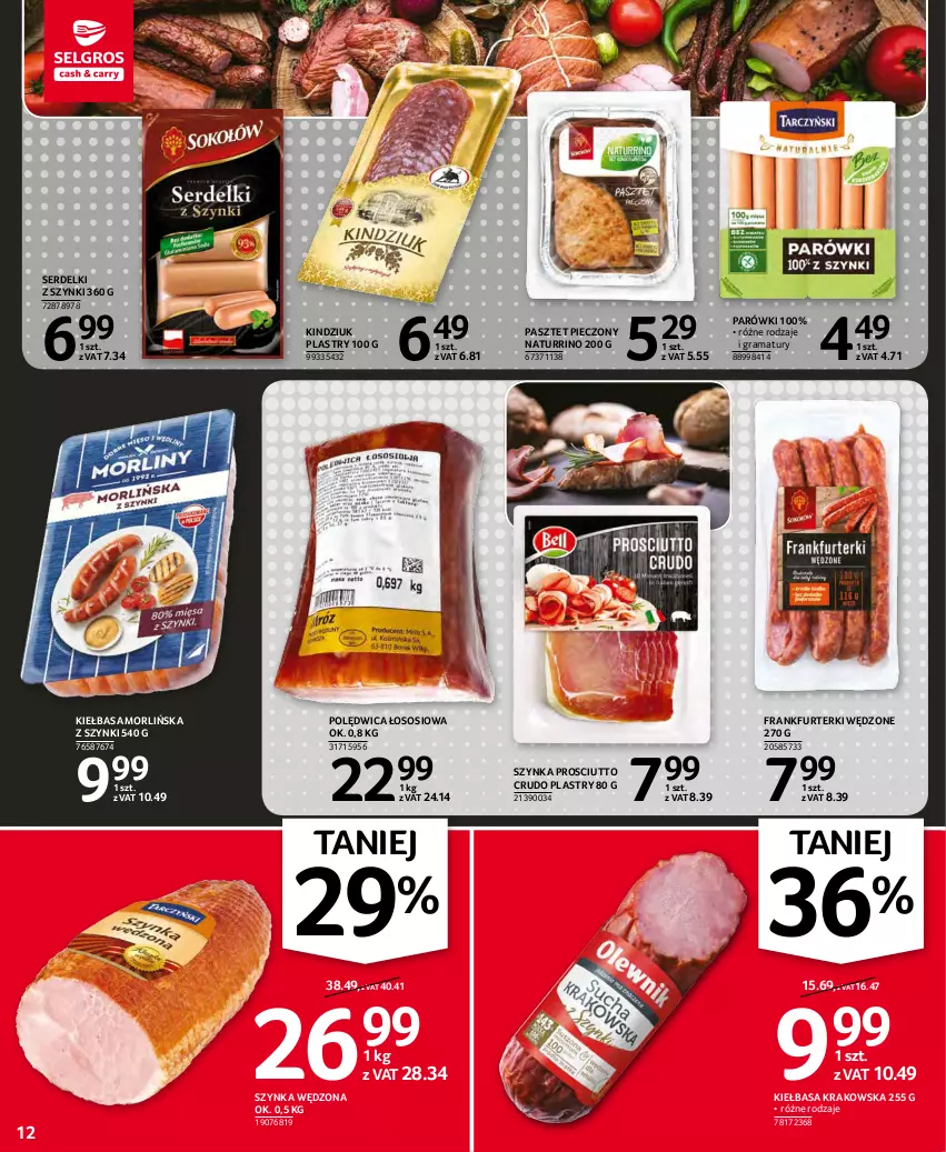 Gazetka promocyjna Selgros - Oferta spożywcza - ważna 25.11 do 01.12.2021 - strona 12 - produkty: Frankfurterki, Gra, Kiełbasa, Kiełbasa krakowska, Kindziuk, Parówki, Pasztet, Piec, Polędwica, Prosciutto, Rama, Ser, Serdelki, Sos, Szynka